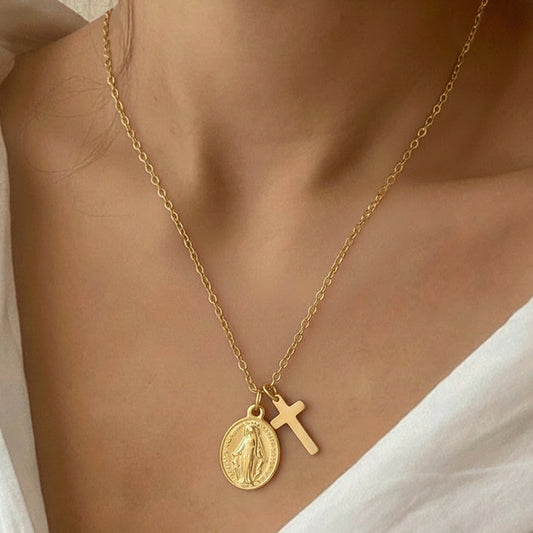 Religious Cross Virgin Mary Adjustable Necklace