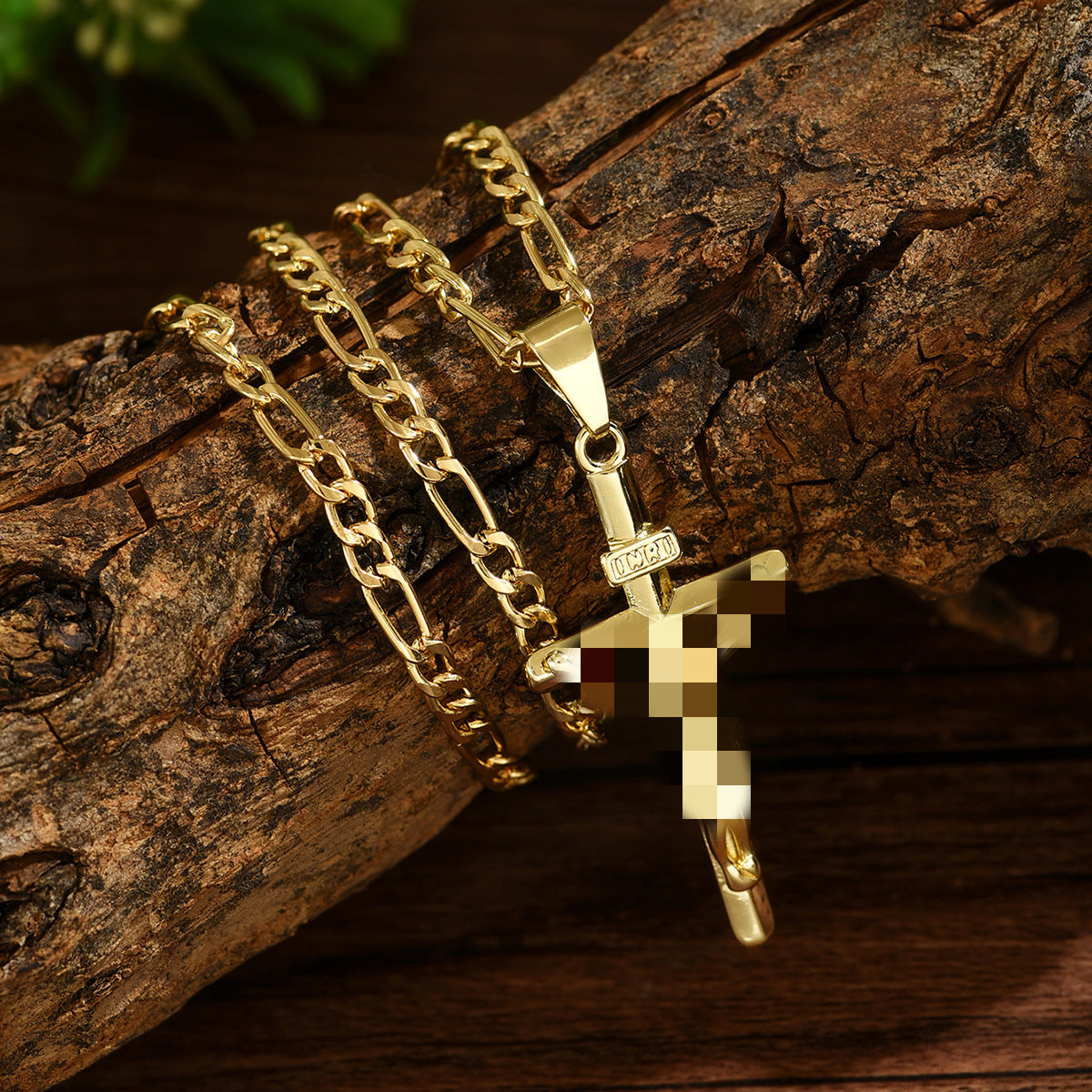 Cross Pendant Necklace with Figaro Chain