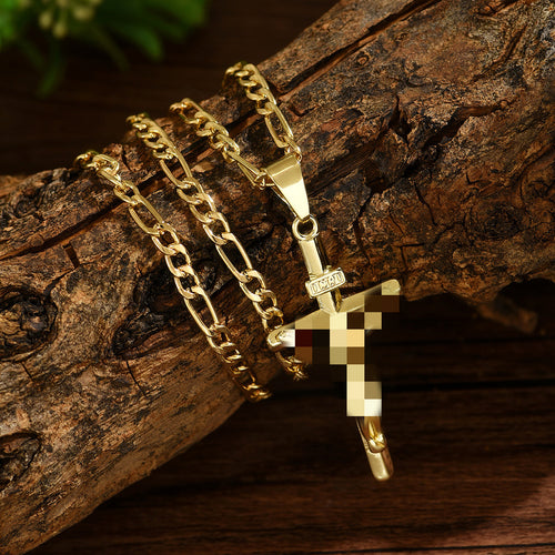 Cross Pendant Necklace with Figaro Chain