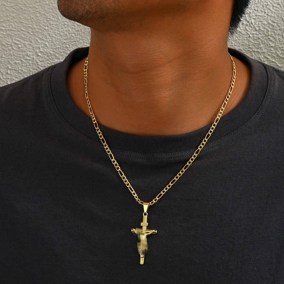 Cross Pendant Necklace with Figaro Chain