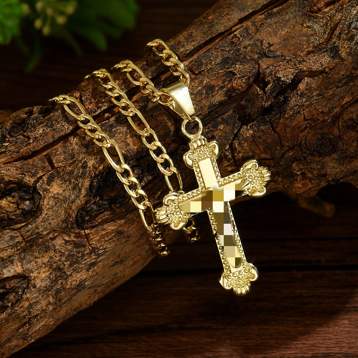 Cross Pendant Necklace with Figaro Chain